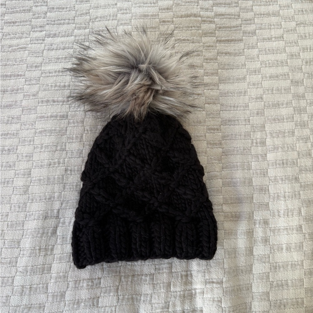 Black Knit Beanie with Faux Fur Pom